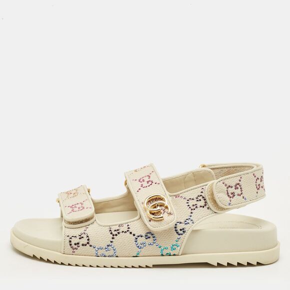 Gucci Gg Size 37.5 Cream Canvas And Leather Slingback Sandals